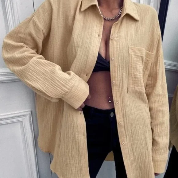 Casual Textured Pocket Patched button down Blouse khaki - Picture 2 of 7